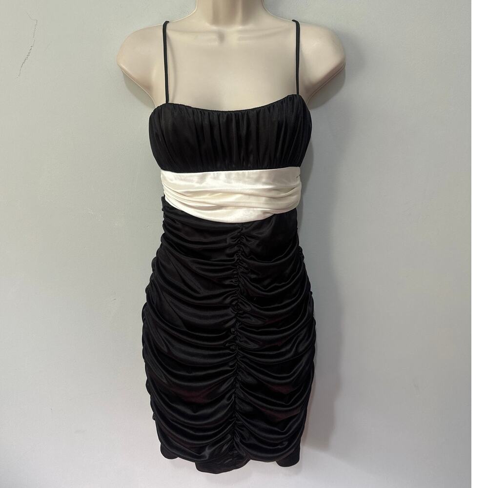 Vintage City Studio Dress Medium Black White Satin Bodycon Strappy Y2K Coquette